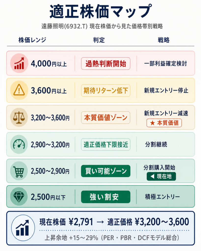 遠藤照明(6932.T)の価格帯別投資戦略マップ。現在株価2,791円は「買い可能ゾーン」(2,500〜2,900円)に該当。適正価格は3,200〜3,600円(本質価値ゾーン)で、PER・PBR・DCFモデル総合により上昇余地は15〜29%と評価。