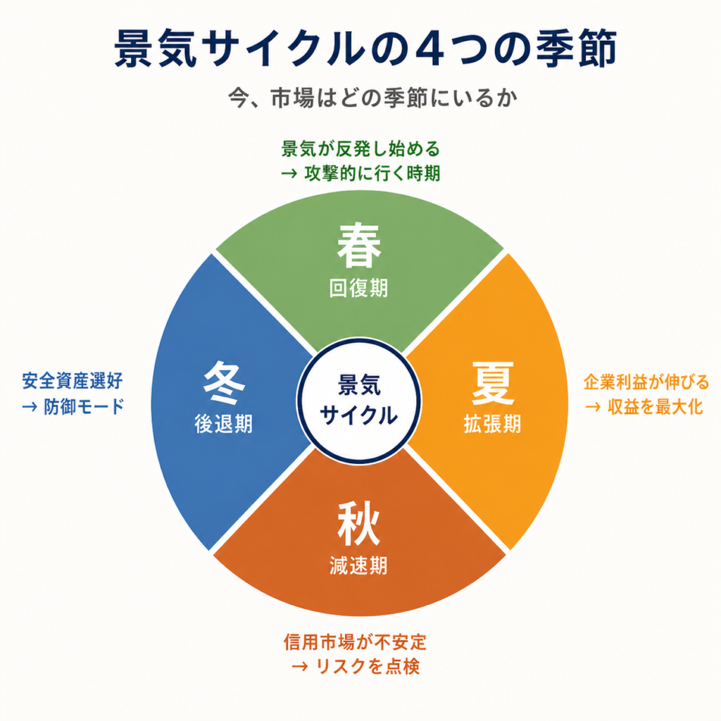 景気サイクルの4つの季節を示す円形ダイアグラム。春(回復期)は株式とハイイールド債、夏(拡張期)は株式と景気敏感株、秋(減速期)は優良債券と防御株、冬(後退期)は現金と国債が有利になる。McGee教授の投資戦略フレームワーク。