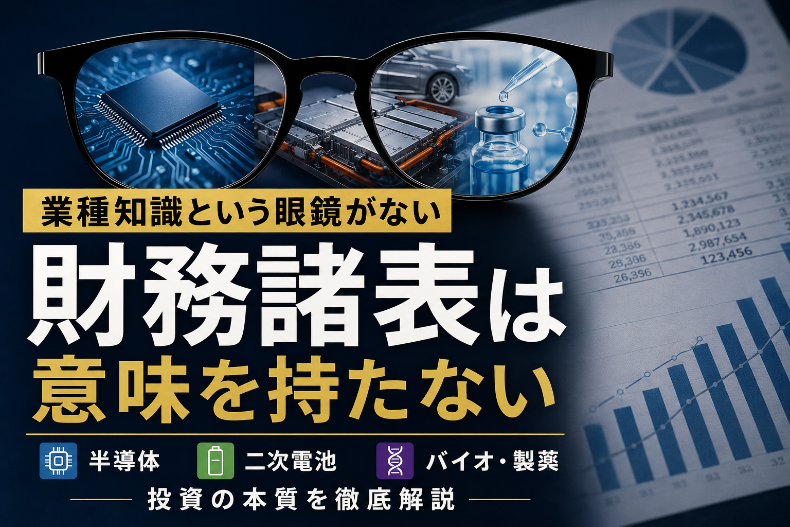 半導体・二次電池・バイオ産業の財務諸表分析を解説する投資ブログ用サムネイル