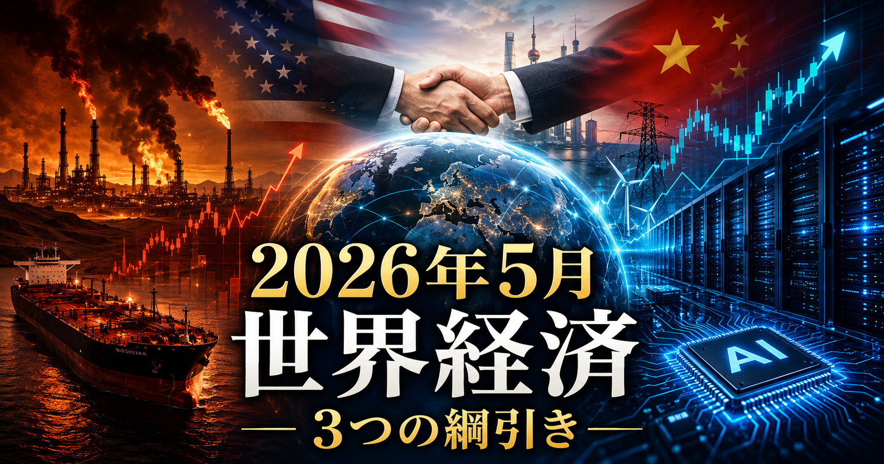 2026年5月の世界経済を表すイメージ。中東リスクによる原油高、AIインフラ投資、米中関係の緊張緩和を象徴する構成。