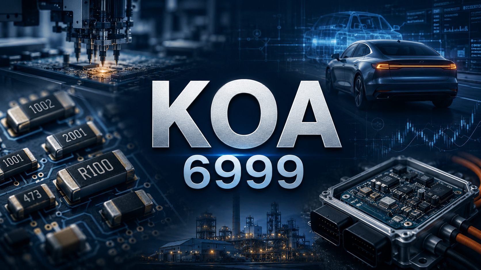 KOA（6999）の投資分析を表すサムネイル。抵抗器、車載電子部品、EV制御システム、電子回路基板を背景に、中央にKOAと証券コード6999を配置した画像。