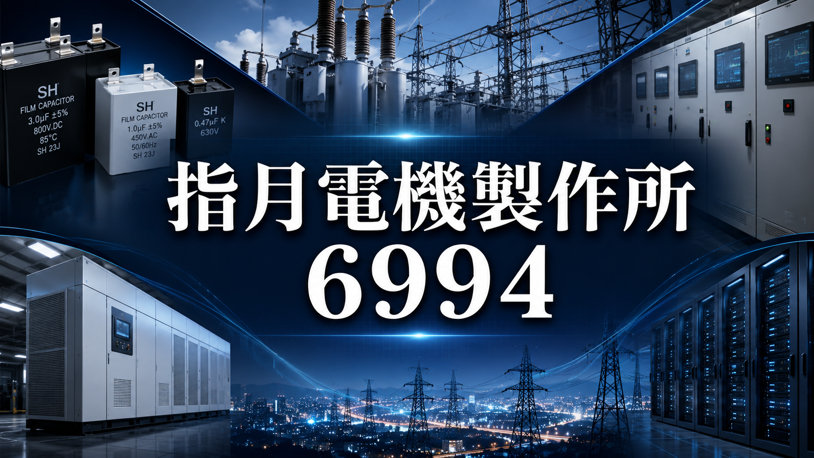 指月電機製作所6994の株式分析を表すサムネイル。フィルムコンデンサ、電力機器、送電インフラ、データセンターを背景にした投資分析用イメージ。