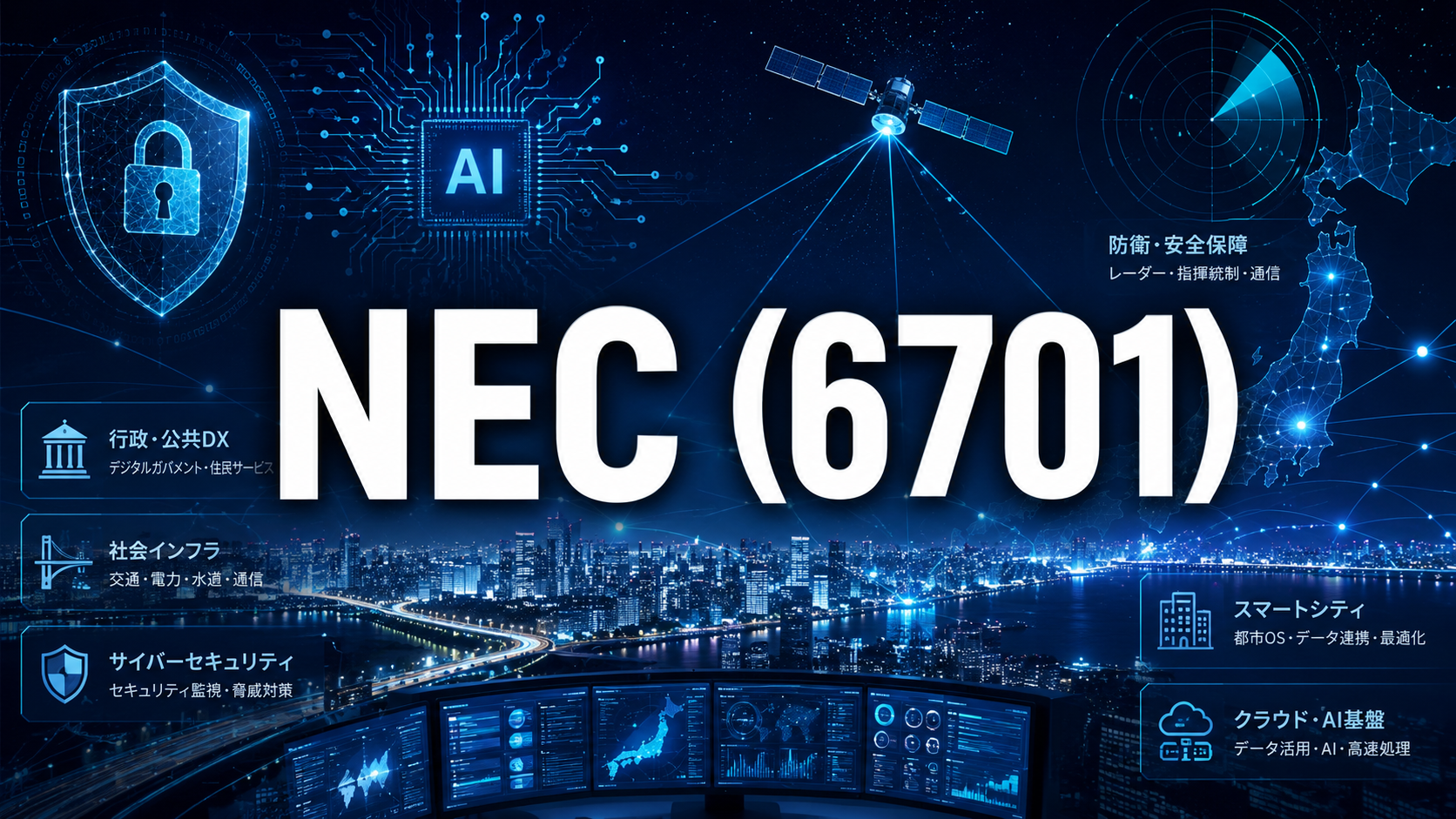 NEC（6701）の株式分析記事向けサムネイル。AI、サイバーセキュリティ、公共DX、防衛通信、スマートシティを表現した高科技金融メディア風デザイン。