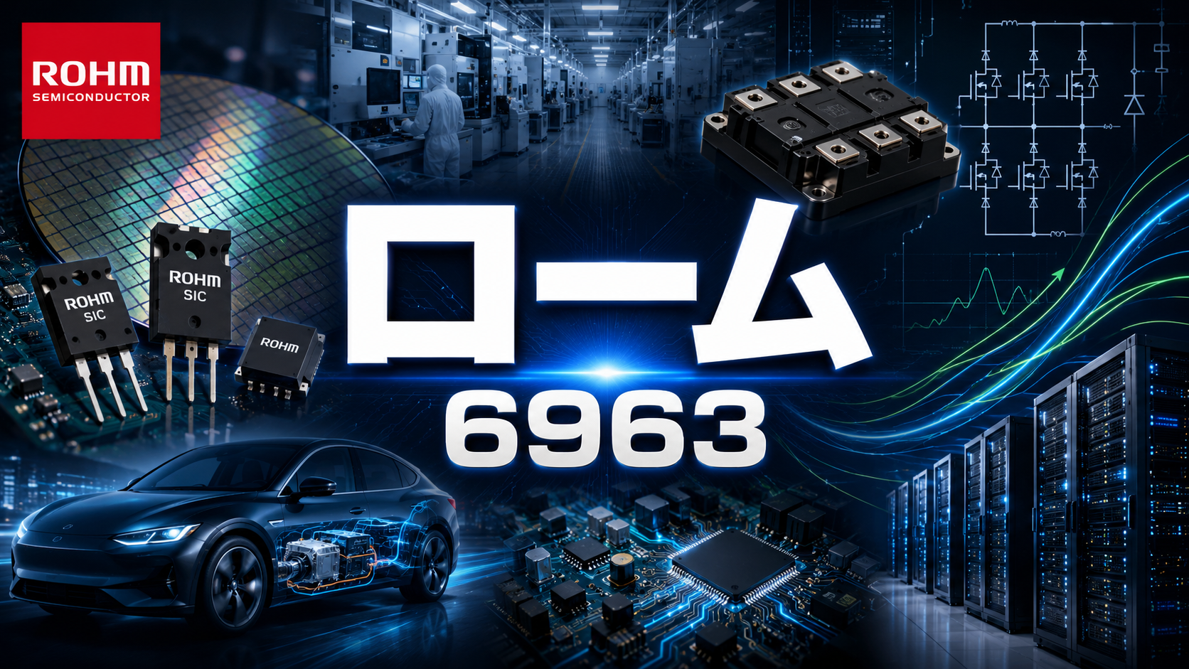 ローム（6963）の投資分析サムネイル。SiCパワー半導体、半導体工場、EV向け電力制御、データセンター電源を背景に、中央にロームと6963を配置した画像。
