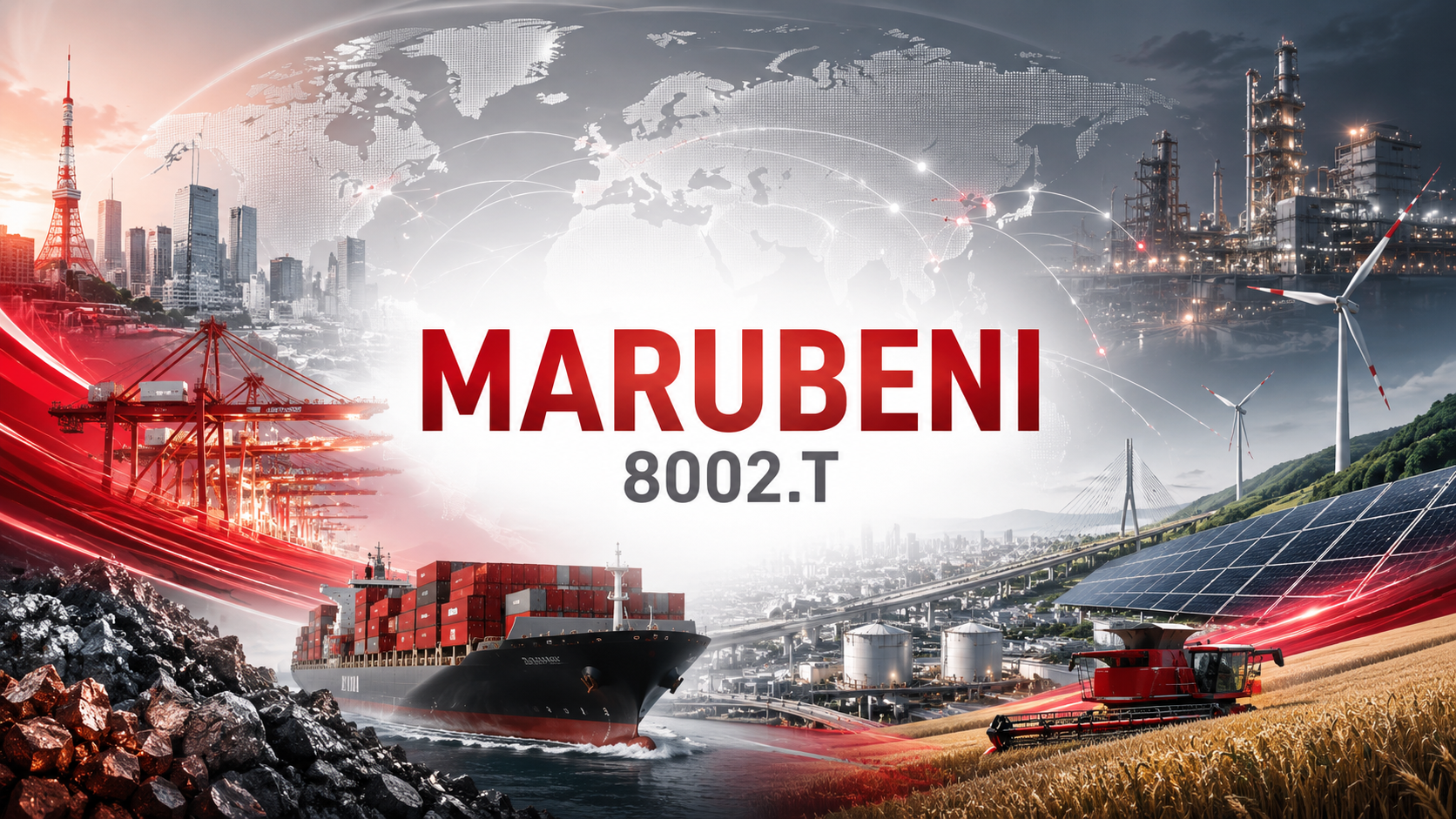 丸紅(8002)の株価分析サムネイル。銅・食料・電力・資本配分のバランス型成長商社としての姿、純利益5,439億円と一過性利益765億円を除いた実態利益、AIインフラの銅・電力とGC2027のROE15%目標を示す図