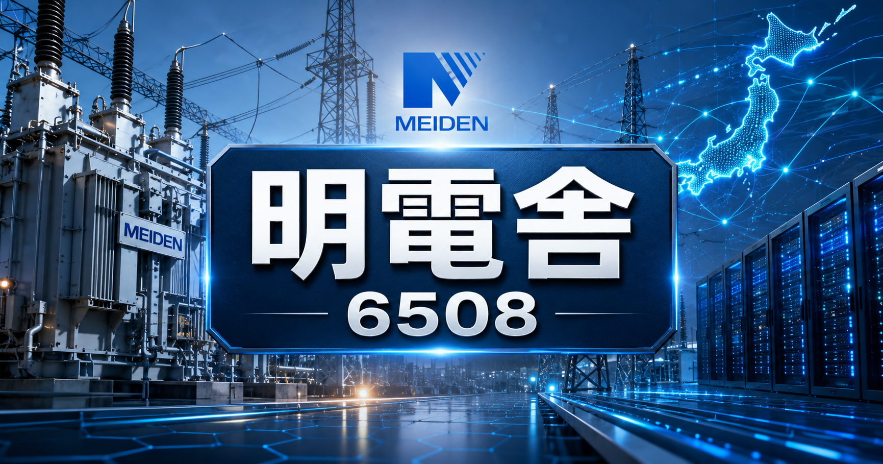 明電舎(6508)の株価分析サムネイル。変圧器・保守とAI電力インフラ需要の恩恵を受ける企業としての姿、7/31発表1Q大幅増益・通期上方修正で+15%上昇、電力インフラ12.5%と保守事業22.2%の2本柱、PBR2.5倍という割安感の薄れた評価を示す図