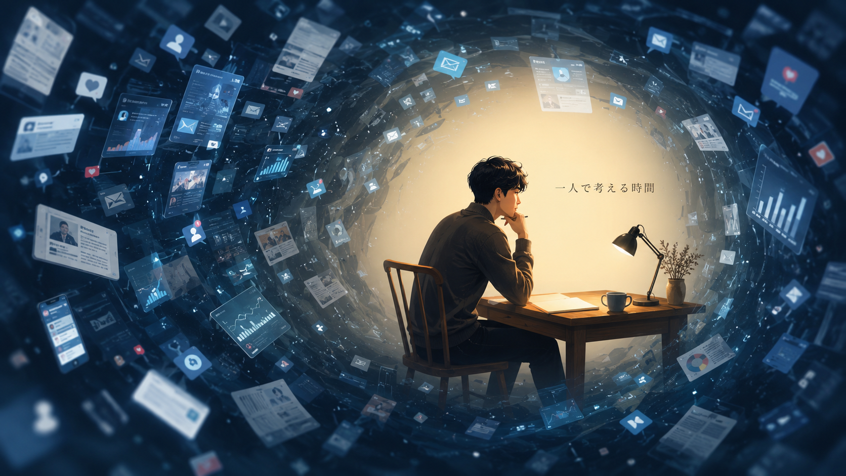 大量の情報に囲まれながら一人で静かに考える人物のイメージ