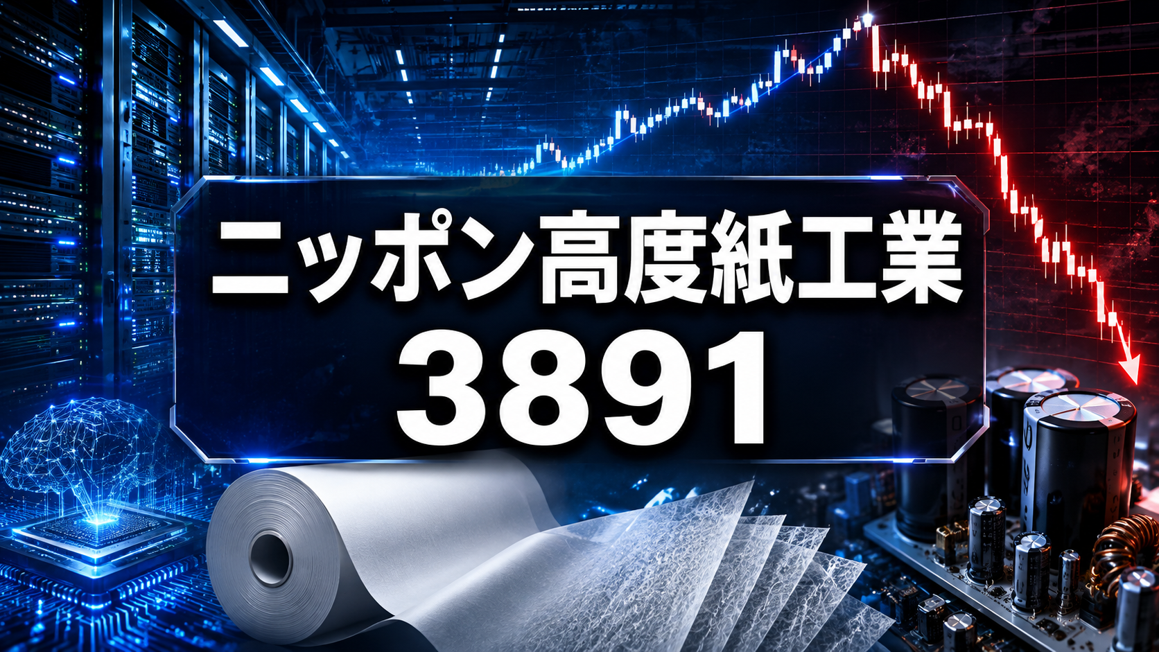 ニッポン高度紙工業(3891)の株価分析サムネイル。株価が半減する間に営業利益予想が36.4%上方修正された構図、予想EPS31%増とPER36倍から17倍への低下、AIサーバー用アルミ電解コンデンサ用セパレータという事業内容を示す図